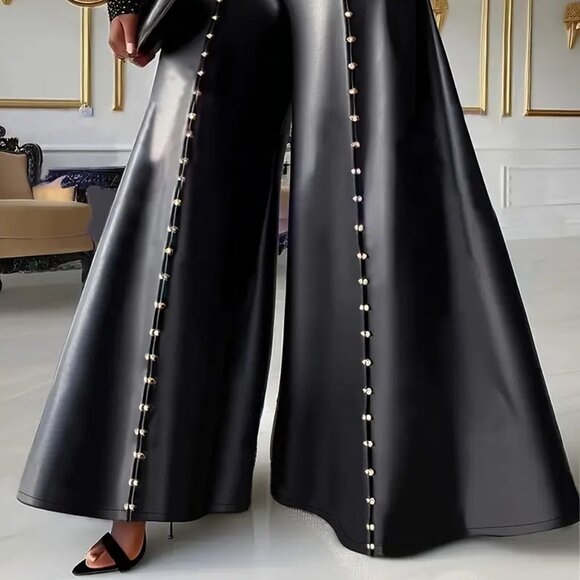 Bling Rhinestones Studded Wide Leg Faux Leather Pants - Picture 3 of 7